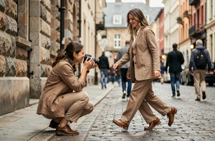 Photographe capturant une collection de vêtements sur un modèle en contexte d'usage réel dans la rue