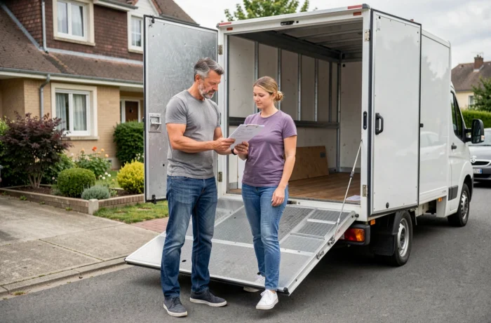 Couple planifiant le chargement d'un camion de déménagement 15m3 avec un plan de chargement devant leur maison