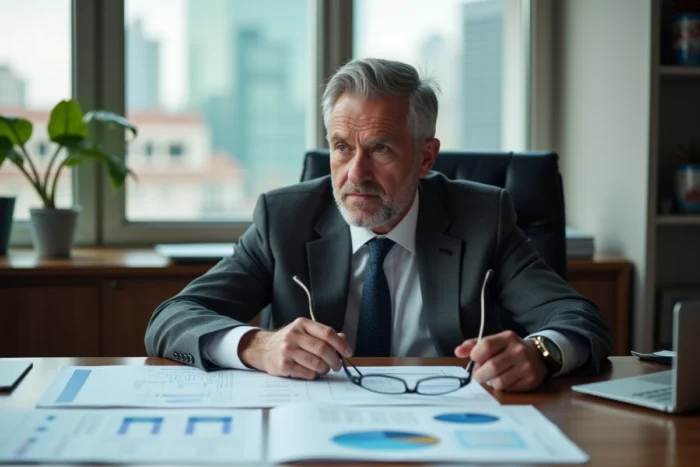 Chef d'entreprise senior planifiant la transmission de son entreprise avec des documents de succession sur son bureau