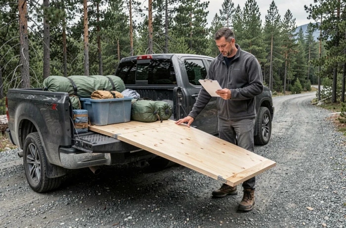 Plateau coulissant DIY terminé et déployé hors d'un pick-up en pleine nature avec rangement de matériel de camping