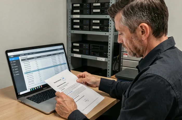 Ingénieur infrastructure IT examinant un plan de reprise d'activité imprimé à côté d'une interface de planification de sauvegardes avec journaux de points de restauration