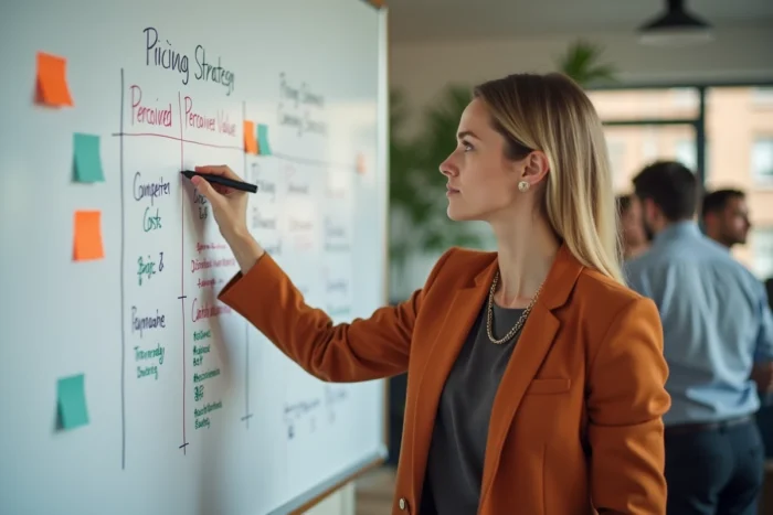 Entrepreneuse définissant une stratégie de prix basée sur la valeur perçue devant un tableau blanc