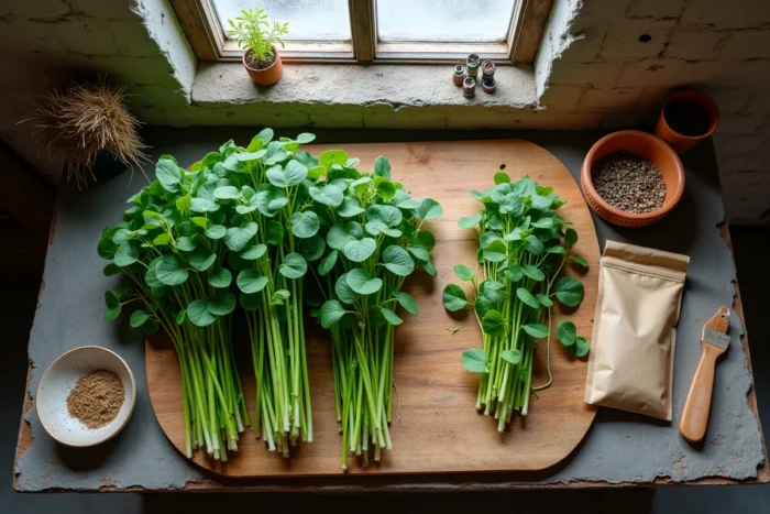 Pourpier frais disposé avec des sachets en papier kraft et de la ficelle sur une table en pierre de garde-manger rustique