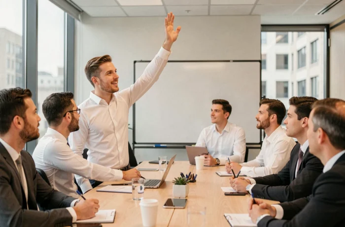 Jeune homme levant la main pour prendre la parole dès les premières secondes d'un atelier professionnel, captant immédiatement l'attention du groupe