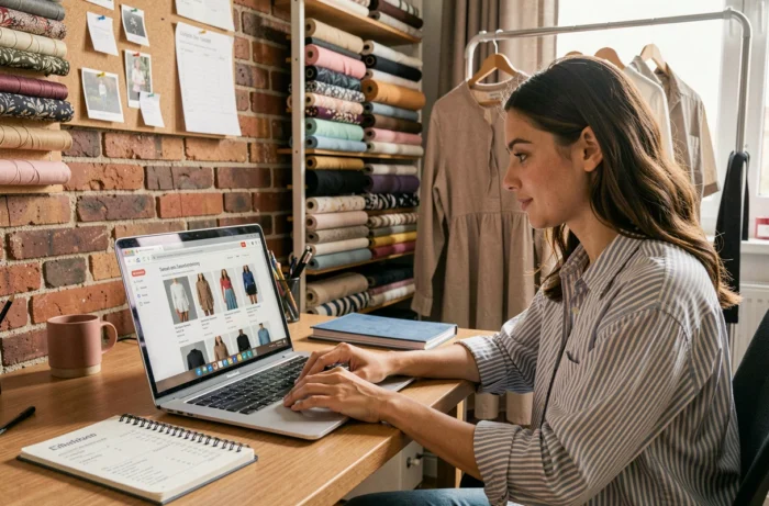 Entrepreneuse gérant une campagne de prévente en ligne pour sa collection de vêtements