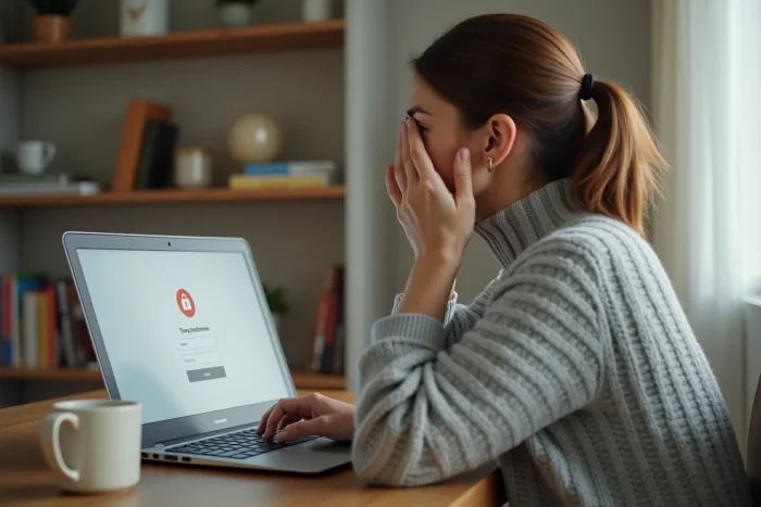Femme frustrée devant un écran d'ordinateur affichant une erreur de connexion à l'espace client MyFoncia