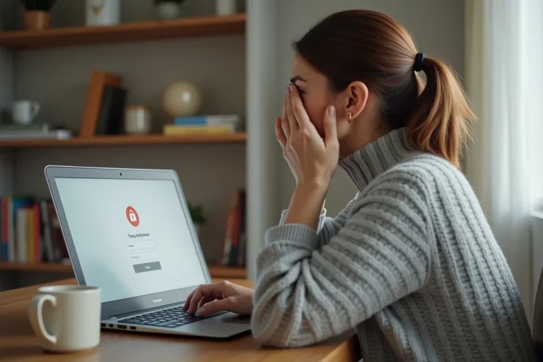 Femme frustrée devant un écran d'ordinateur affichant une erreur de connexion à l'espace client MyFoncia