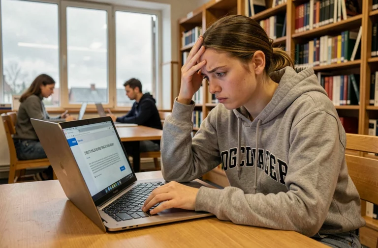 Étudiante frustrée face à un problème de messagerie académique sur son ordinateur portable dans une bibliothèque universitaire de Nantes