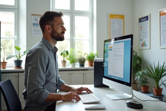 Professeur configurant sa boîte mail Zimbra sur un ordinateur de bureau dans un bureau administratif scolaire