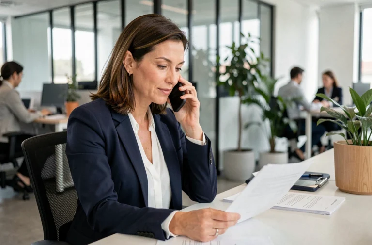 Professionnelle en blazer marine passant un appel téléphonique dans un bureau moderne pour contacter un organisme B2B