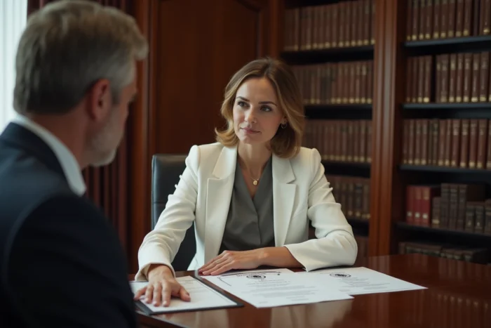 Entrepreneuse déposant sa propriété intellectuelle avec son avocat lors de la phase de création de son activité