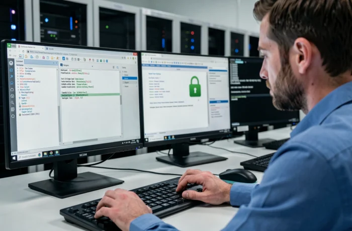 Spécialiste en cybersécurité vérifiant les détails d'un certificat HTTPS et la configuration des en-têtes de sécurité dans un terminal et un inspecteur de navigateur