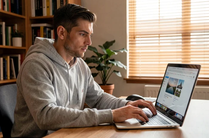 Homme cherchant la nouvelle adresse d'un site de téléchargement sur son ordinateur portable dans un bureau à domicile