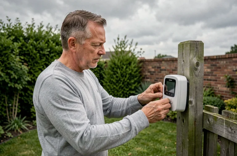 Homme réglant une station météo domestique fixée sur un poteau en bois dans un jardin suburban