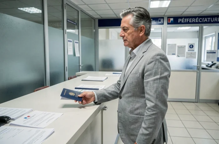 Homme remettant son passeport français à un guichet de préfecture en France