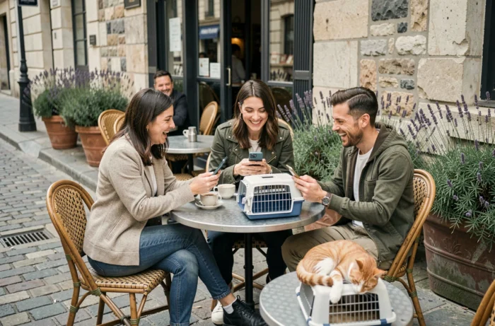 Groupe de passionnés de chats réunis en terrasse de café partageant leurs photos félines sur smartphone lors d'une rencontre communautaire