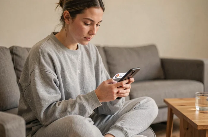 Une jeune femme surveillant les réseaux sociaux d'une salle de fitness sur son téléphone pour repérer des codes promotionnels éphémères