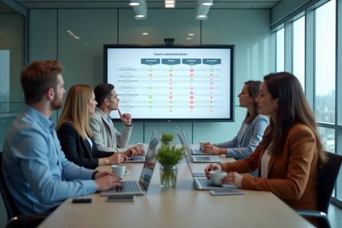 Équipe de professionnels en réunion comparant différents logiciels de communication sur un écran de salle de conférence