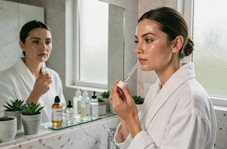Femme appliquant un sérum visage dans une salle de bain minimaliste pour une routine beauté quotidienne