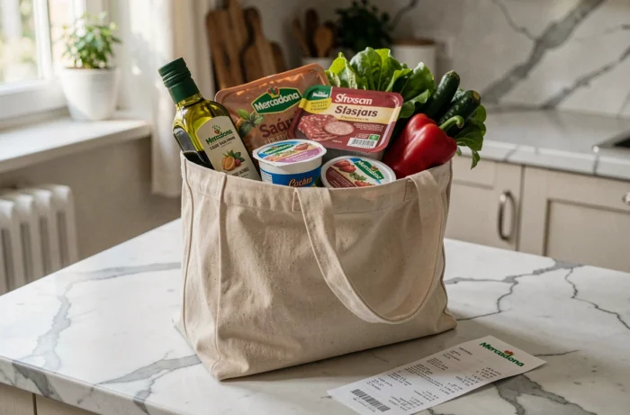 Sac de courses rempli de produits Mercadona posé sur un plan de travail en marbre dans une cuisine française