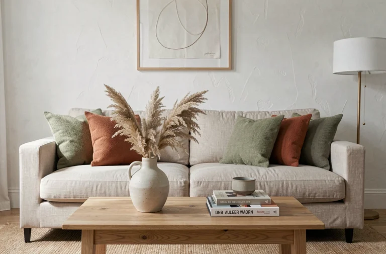 Salon scandinave moderne avec canapé en lin, coussins terracotta et vase en céramique sur table en chêne