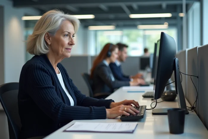 Conseillère clientèle répondant à des contacts par email et courrier postal dans un bureau de service client moderne