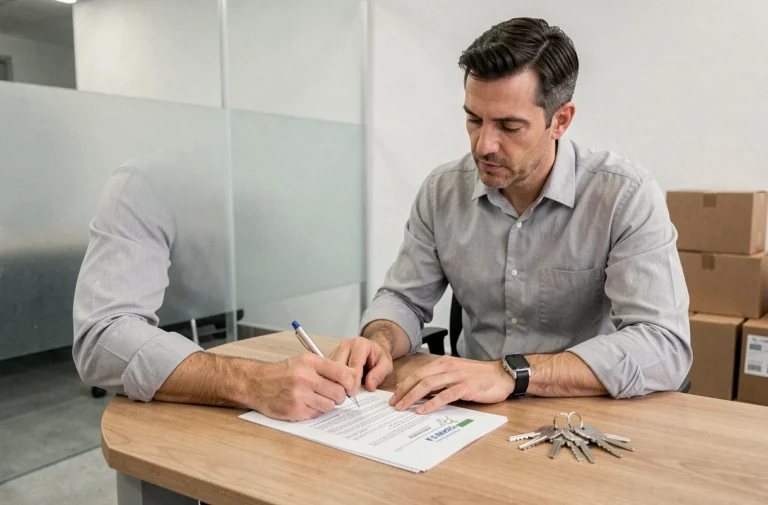Homme signant un contrat de bail pour un box de stockage dans un bureau moderne de self-stockage