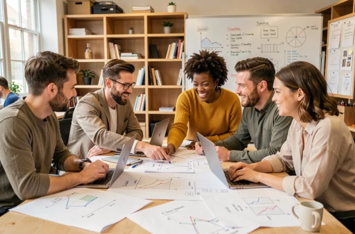 Groupe de professionnels travaillant ensemble sur un projet, l'une d'eux faisant preuve de sociabilité active en prenant l'initiative