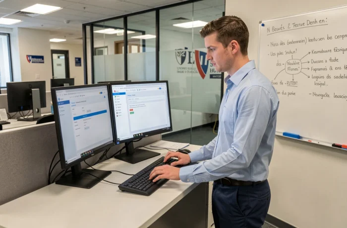 Technicien informatique résolvant un problème de messagerie académique sur un poste de travail dans un bureau de support universitaire à Nantes