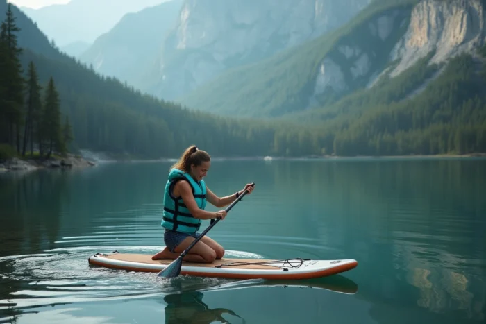 Femme sur un paddle sur un lac de montagne calme entouré de forêts de pins et de falaises