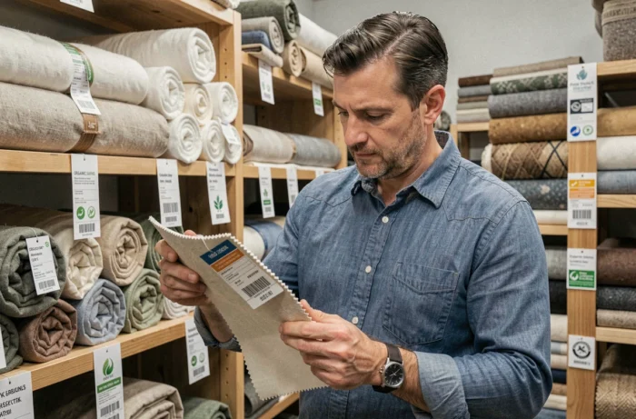 Spécialiste textile examinant des échantillons de matières traçables avec étiquettes de certification