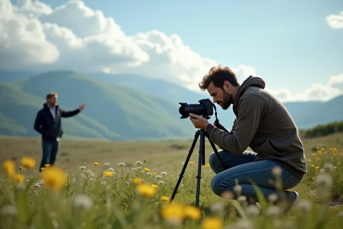 Photographe participant à un stage de photographie en plein air dans une prairie fleurie avec un instructeur