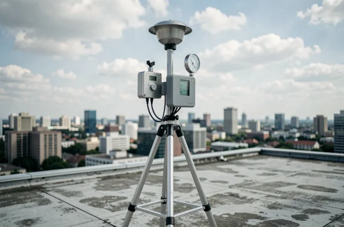 Station météo complète avec anémomètre et pluviomètre installée sur un trépied en terrasse avec vue urbaine