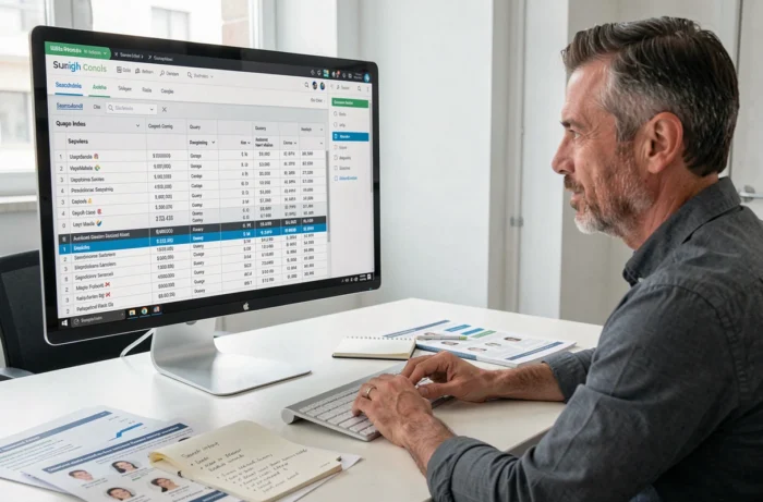 Stratège de contenu masculin consultant un tableau de cartographie d'intention de recherche et une interface Search Console pour élaborer une stratégie de contenu SEO