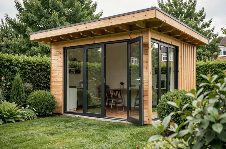 Studio de jardin en bois moderne avec grandes baies vitrées installé dans un jardin verdoyant, vue extérieure grand angle