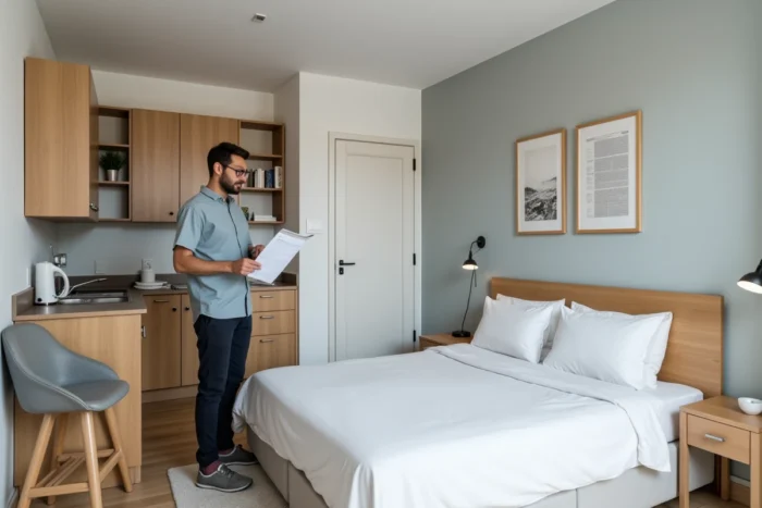 Studio meublé pour location LMNP avec propriétaire vérifiant la checklist de gestion locative