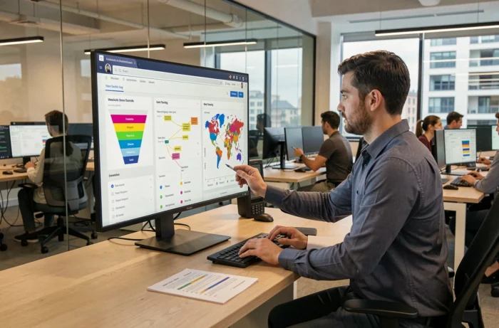 Analyste de données configurant un tableau de bord analytique avec entonnoirs et suivi d'événements avant le lancement d'un site web