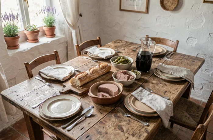Table de cuisine provençale dressée avec une baguette, une terrine maison et une carafe de vin rouge pour un repas convivial