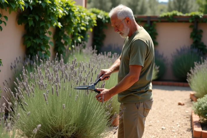 Homme taillant un pied de lavande envahi et lignifié dans un massif de jardin méditerranéen avec gravier et bordures en terre cuite