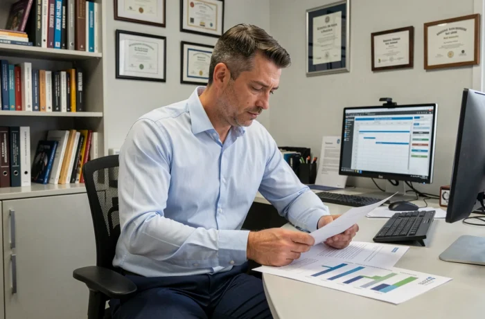 Technicien territorial examinant sa grille indiciaire et ses documents de progression de carrière dans un bureau municipal