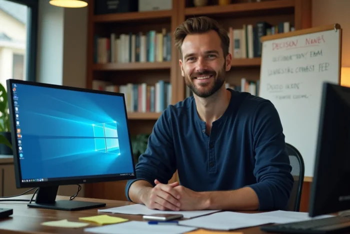 Homme en télétravail évaluant des logiciels de communication d'équipe sur deux moniteurs dans un bureau à domicile