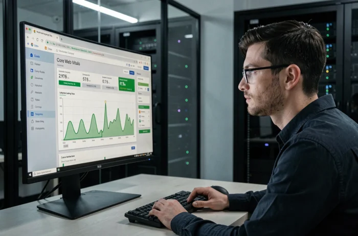 Ingénieur logiciel analysant les métriques Core Web Vitals avec des indicateurs verts sur un panneau de performance de navigateur pour optimiser le temps de chargement