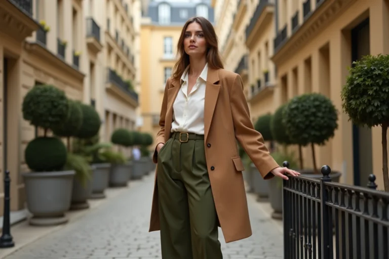 Femme en blazer camel oversize et pantalon large olive dans une rue parisienne haussmannienne, style mode automne tendances saison