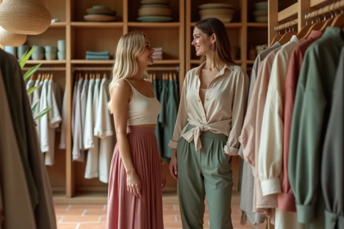 Deux femmes découvrant les nouvelles collections dans une boutique concept tendance, jupe satin rose et ensemble lin sauge, mode saison