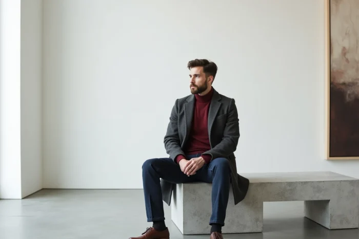 Homme en manteau double boutonnage gris et col roulé bordeaux assis dans une galerie d'art moderne, tendances mode masculine hiver