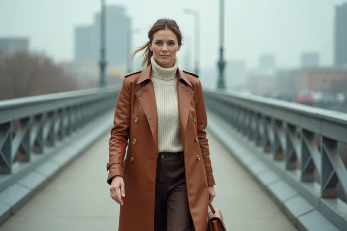 Femme en trench coat cuir cognac et pull col roulé ivoire sur un pont urbain, look mode saison tendances chic intemporel