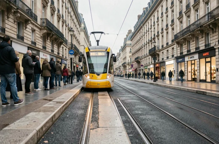 Tramway ligne 2 de Nantes arrivant en station avec des passagers sur le quai en centre-ville