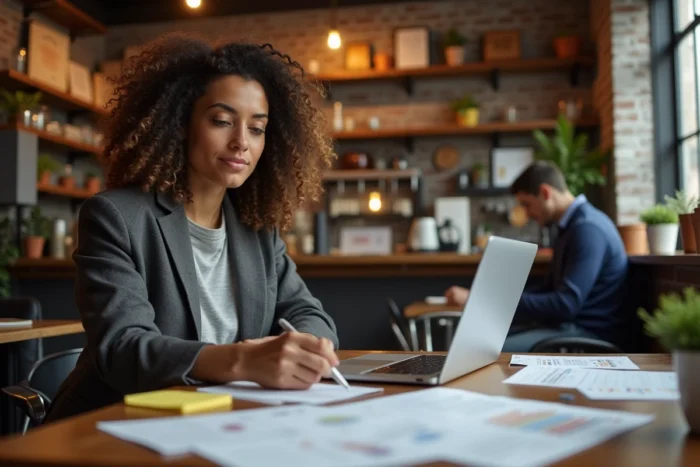 Entrepreneuse validant son marché avec des enquêtes clients et des données avant d'investir