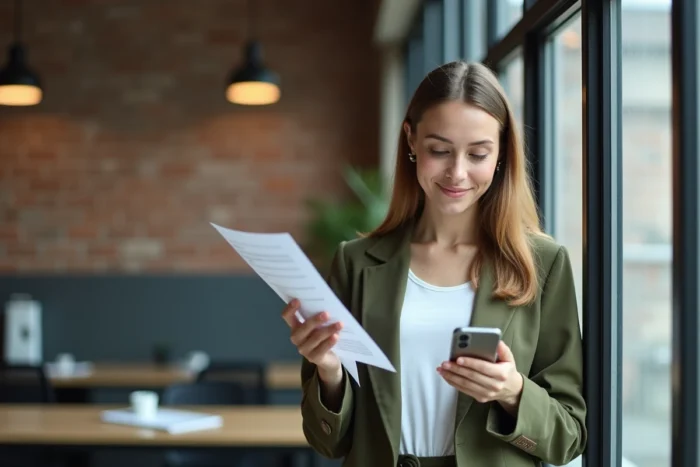 Jeune femme vérifiant ses documents de fin de contrat et son accès PeopleDoc sur smartphone dans un espace de coworking