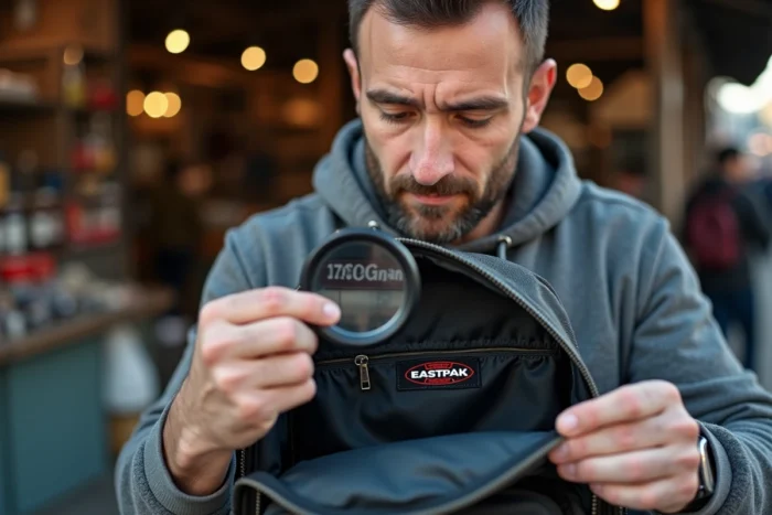 Homme examinant l'étiquette intérieure et le numéro de série d'un sac Eastpak avec une loupe sur un marché